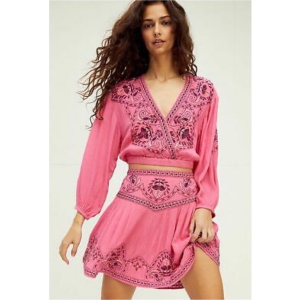 Free People Nico Pink Embroidered Skirt Crop Set 10